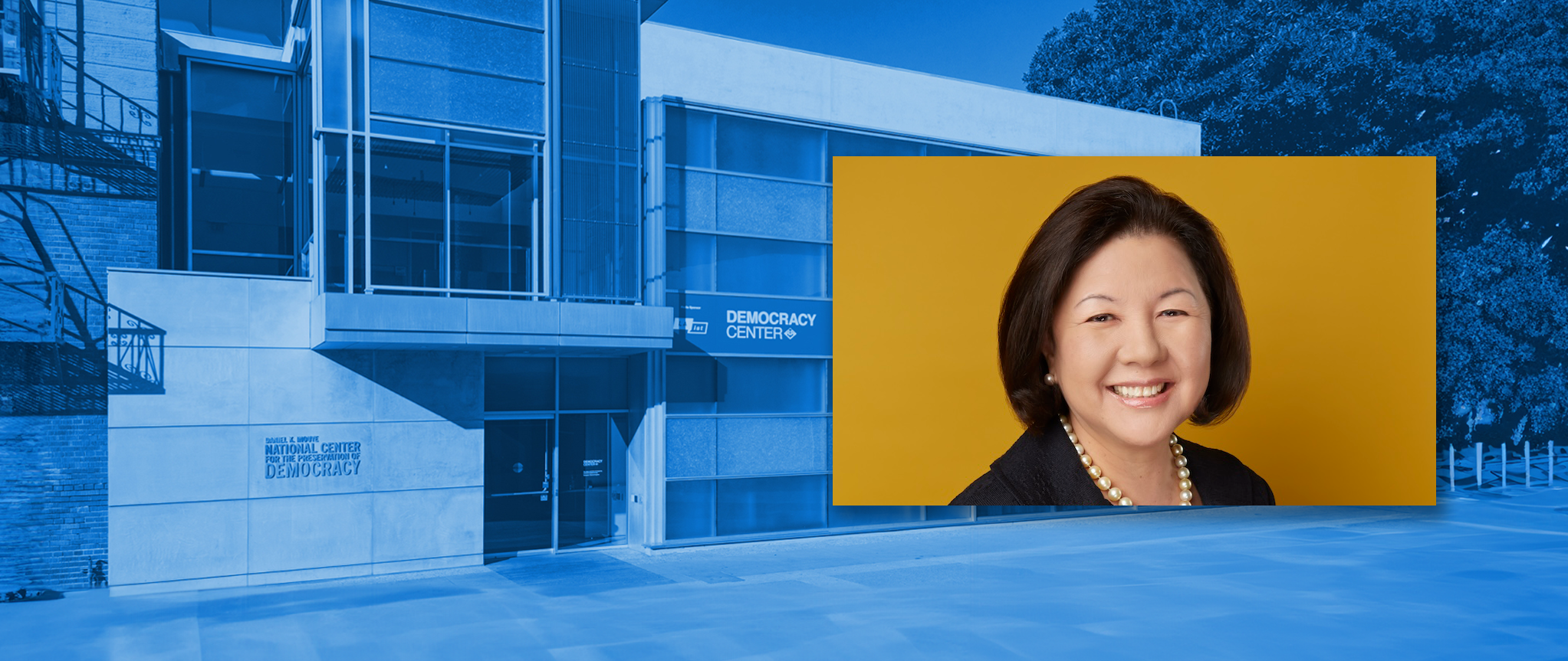 irene harano headshot photo on top of photo of democracy building
